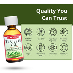 Amber glass bottle of tea tree essential oil