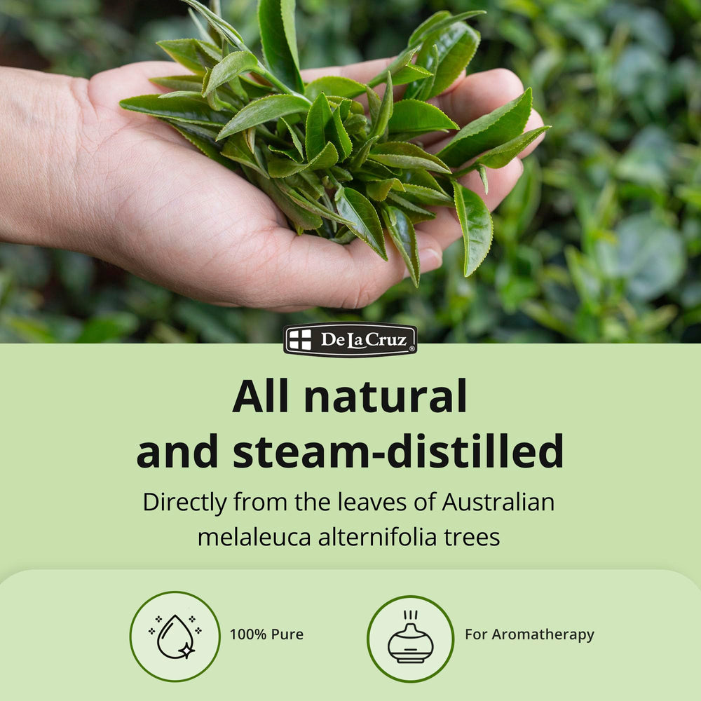 Back label with product details for 1 oz tea tree oil