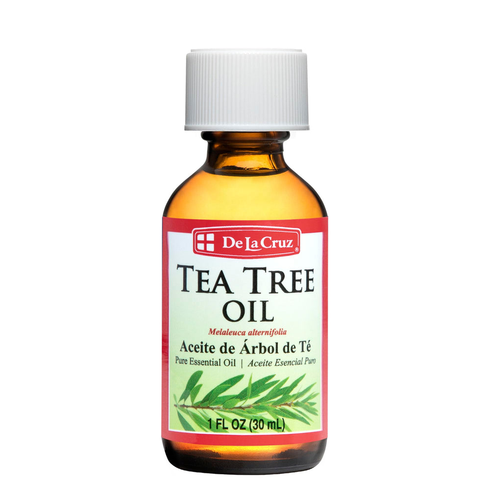 Front view of De La Cruz Tea Tree Essential Oil bottle, 1 oz