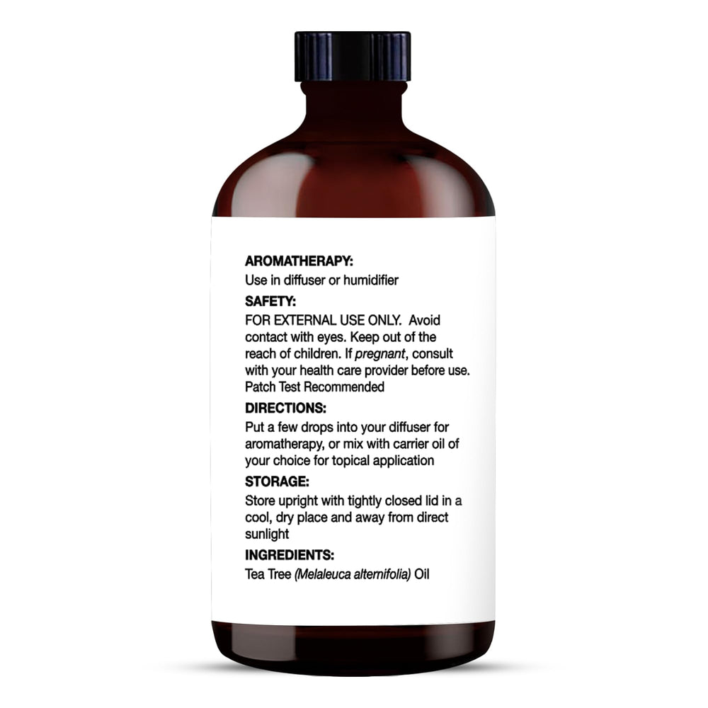 Close-up of tea tree oil bottle label