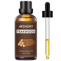 Teakwood fragrance oil bottle with cap and branding