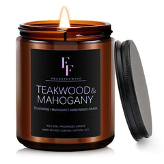 Teakwood and Mahogany scented candle 7oz jar on a clean surface