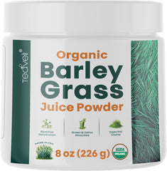 Teaveli Organic Barley Grass Juice Powder in an 8 oz jar