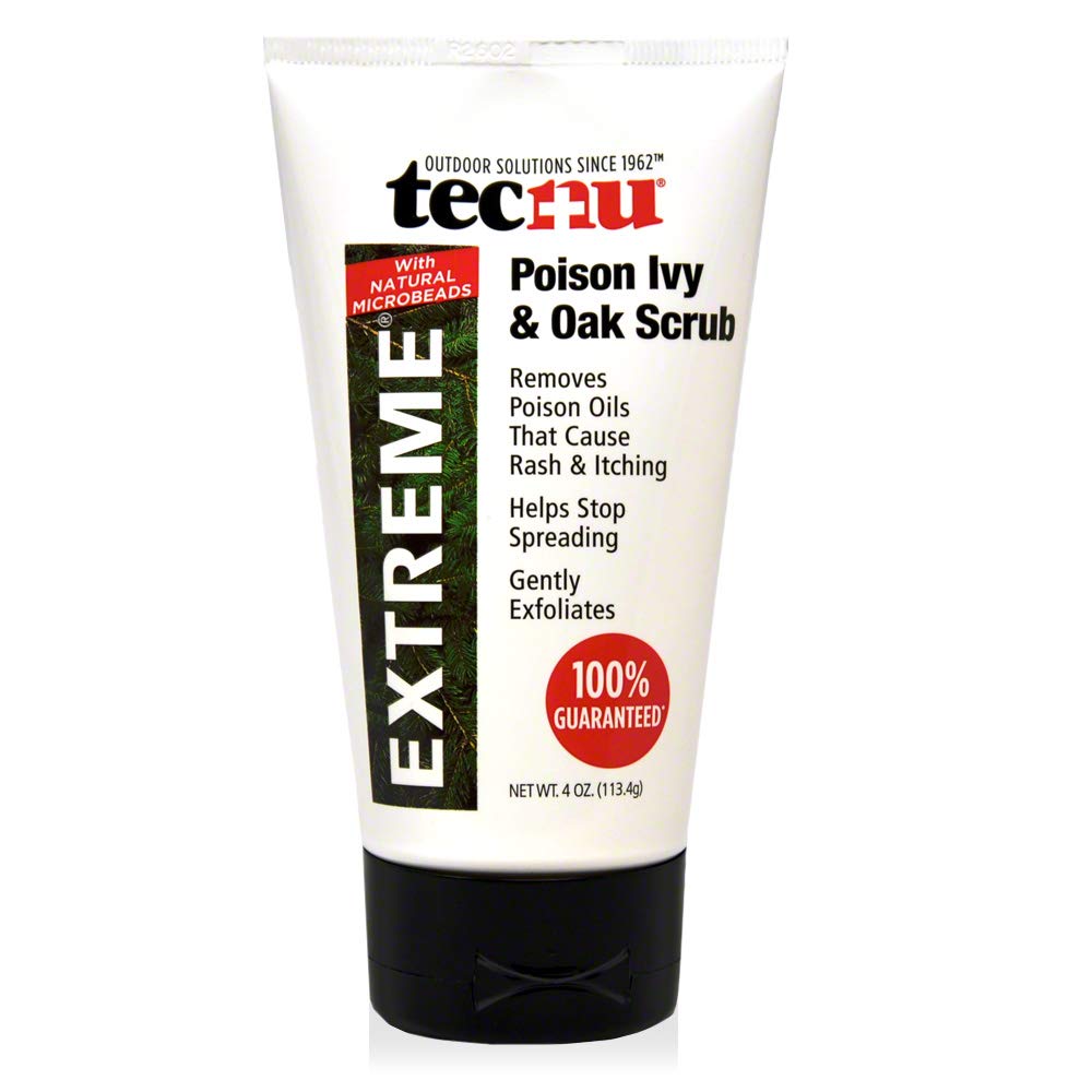 Tecnu Extreme Poison Ivy Scrub bottle demonstrates fast oil removal for rash prevention