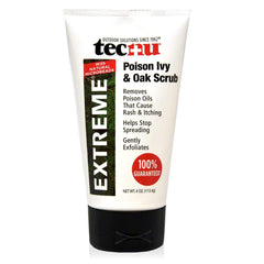 Tecnu Extreme Poison Ivy Scrub bottle demonstrates fast oil removal for rash prevention