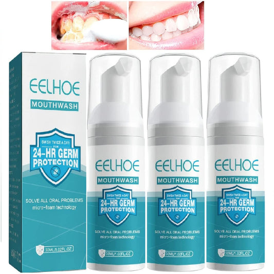 Three bottles of Teeth Mouthwash Foam package