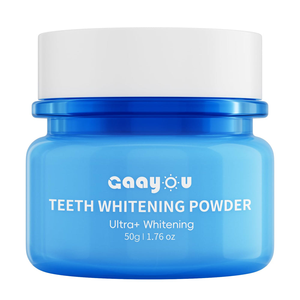 Close-up of mint-flavored teeth whitening powder jar and scoop