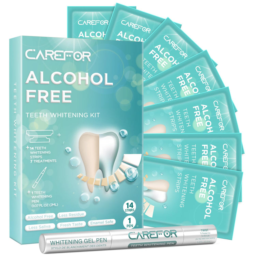 Front view of CAREFO Teeth Whitening Strips 7 Treatments Kit with Pen