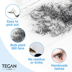 TEGAN LASH 500 promade fans lengths pack: 9-15mm options for customizable looks.