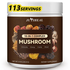 Front view of the 8oz bottle of ten-in-one mushroom powder