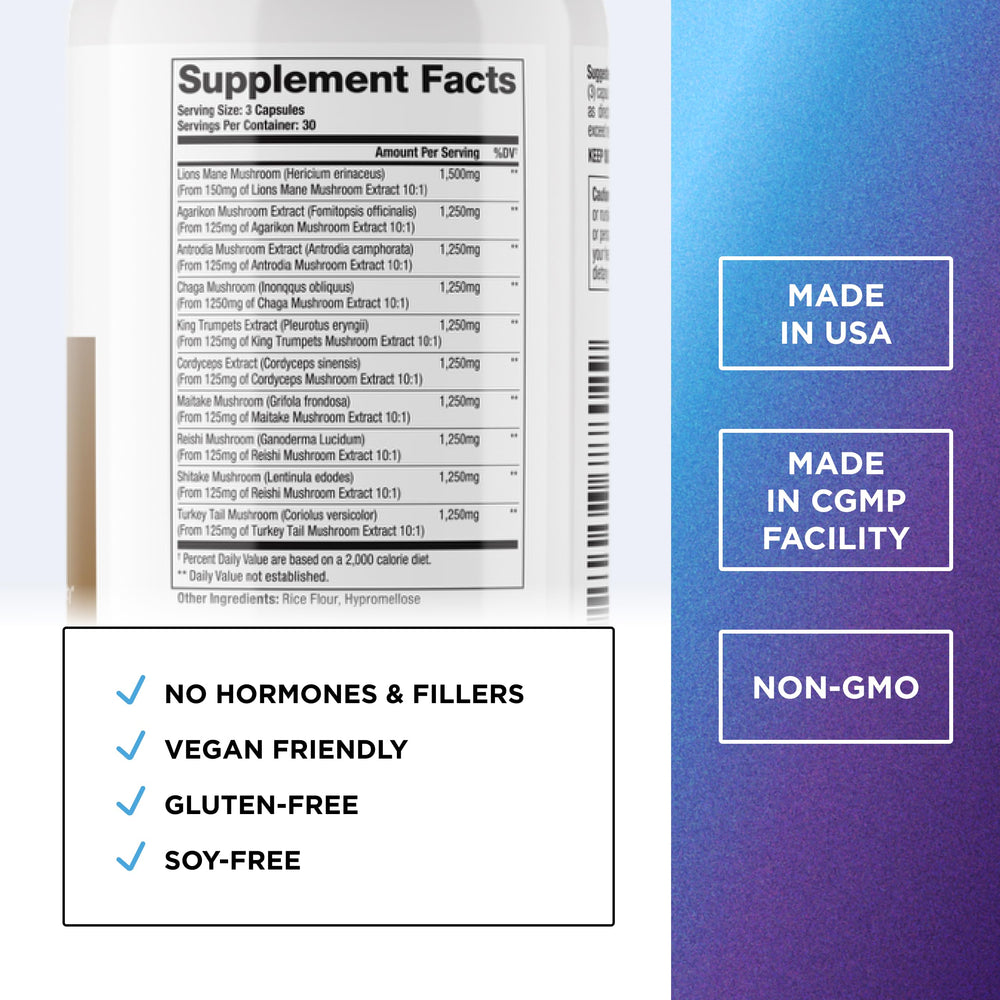 Close-up of ten-mushroom capsule ingredients
