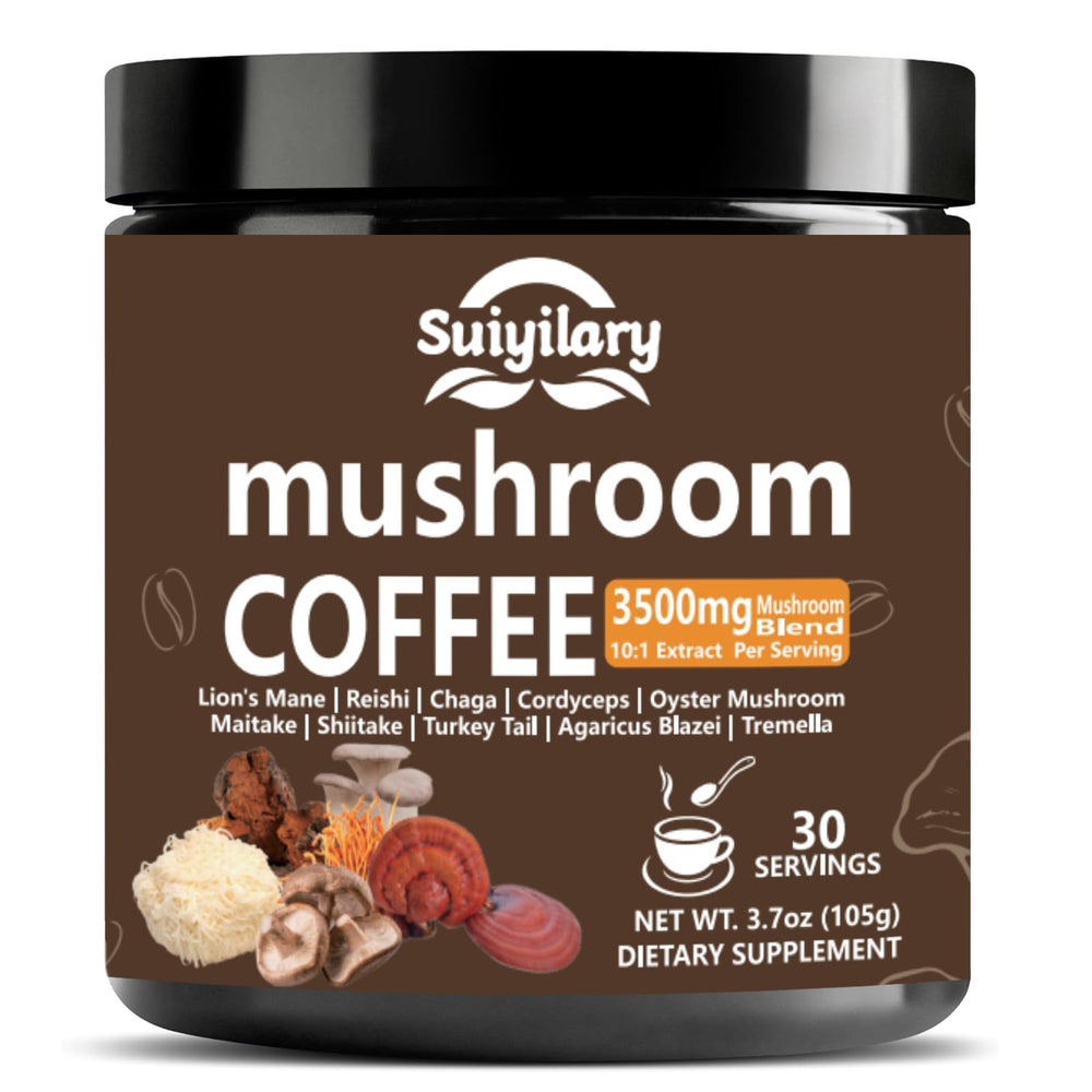 Box and jar of ten-mushroom coffee blend with Arabica beans