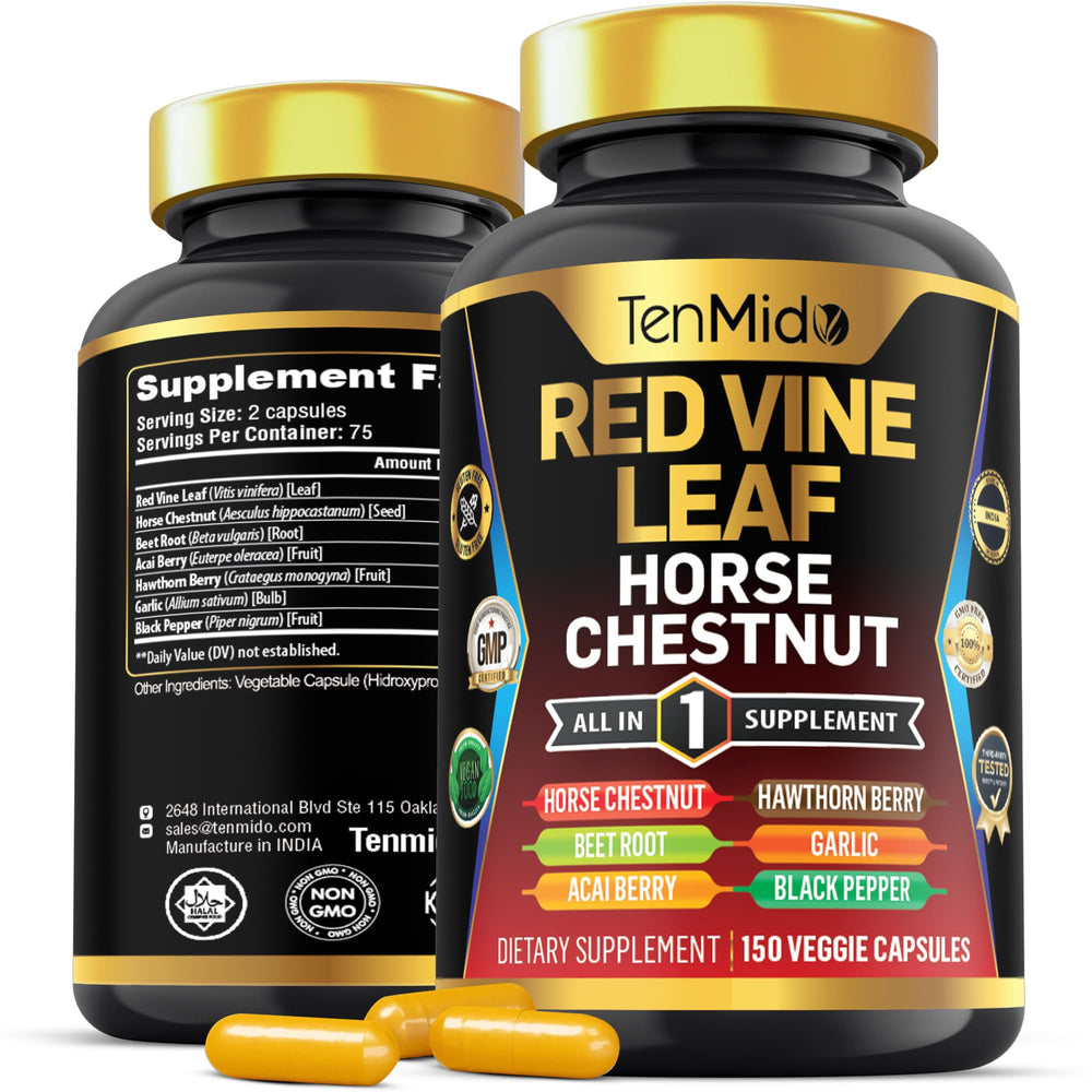 Tenmido Red Vine Leaf Extract 7-in-1 supplement bottle with 150 capsules