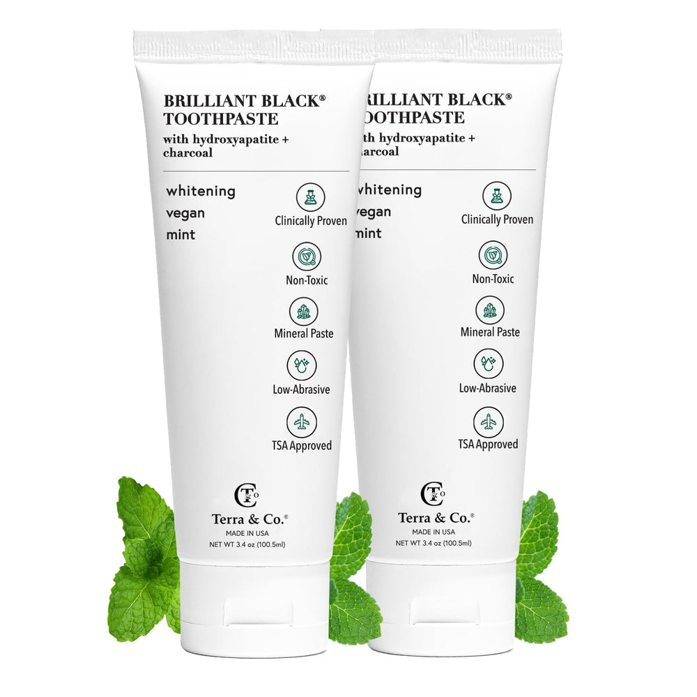 Terra & Co Brilliant Black Hydroxyapatite Toothpaste tube in mint flavor (3.4 oz)