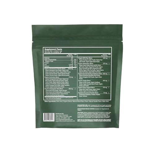 Pack shot of Terra Health Essentials Super Greens tub with scoop