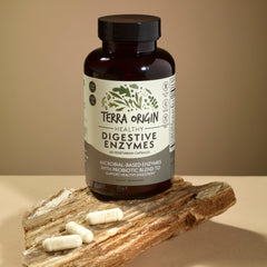 Close-up of Terra Origin Digestive Enzymes bottle