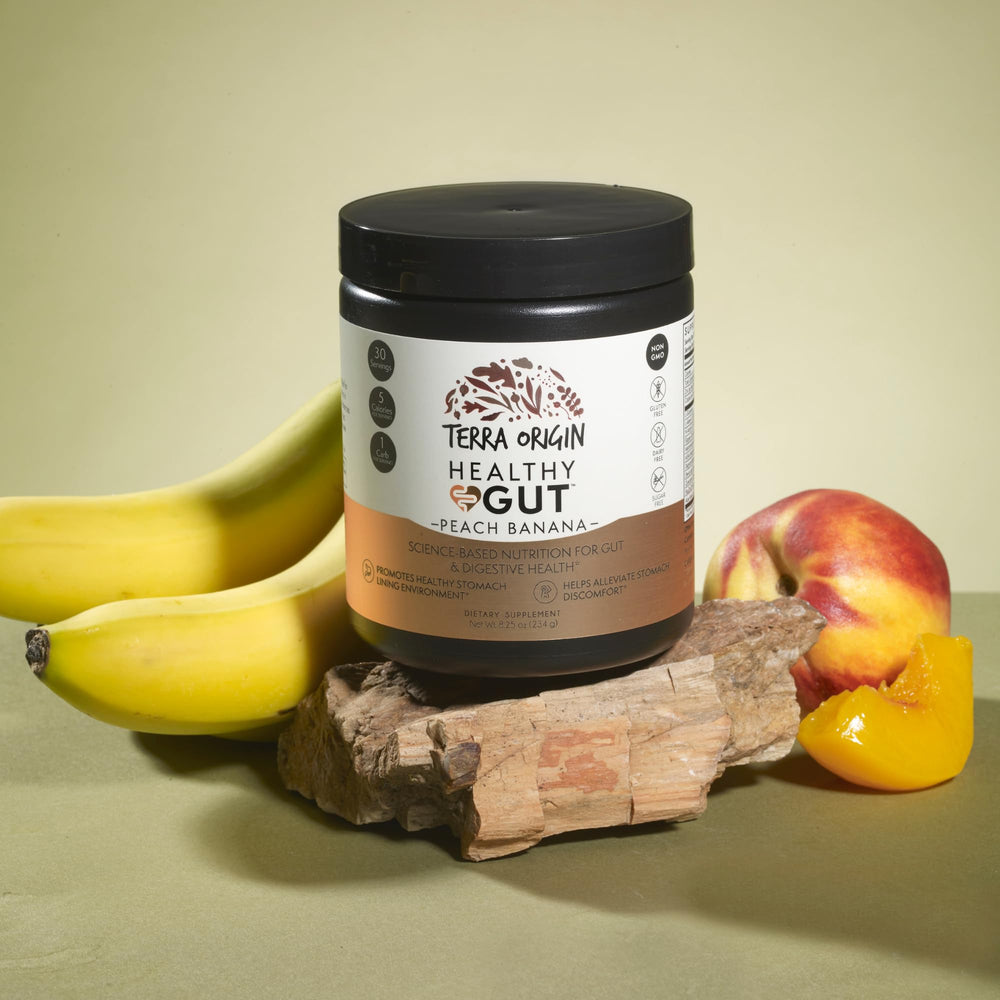 Close-up of Terra Origin Healthy Gut Peach Banana label