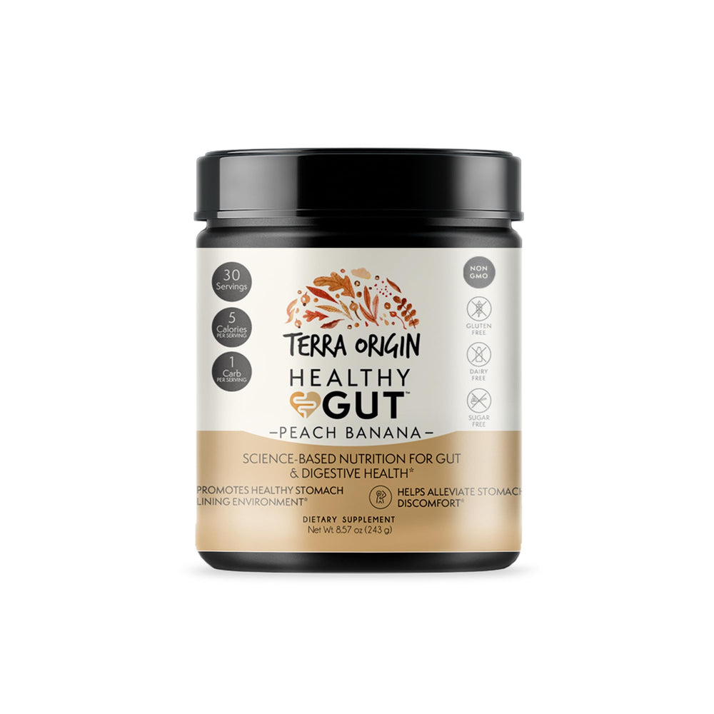 Product shot of Terra Origin Healthy Gut Peach Banana with peach accents