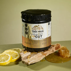 Label showing ingredients of Terra Origin Healthy Gut Powder including Glucosamine and L-Glutamine