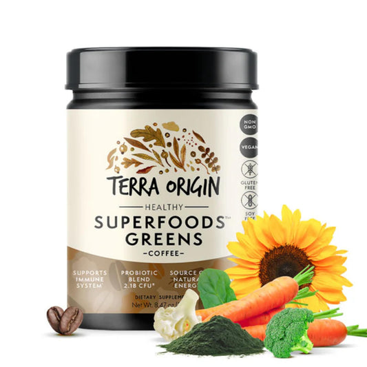 Terra Origin Superfoods Greens Blend front label on tub