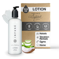 Terra Pure Infuse White Tea and Coconut bottle close-up highlighting hotel amenities