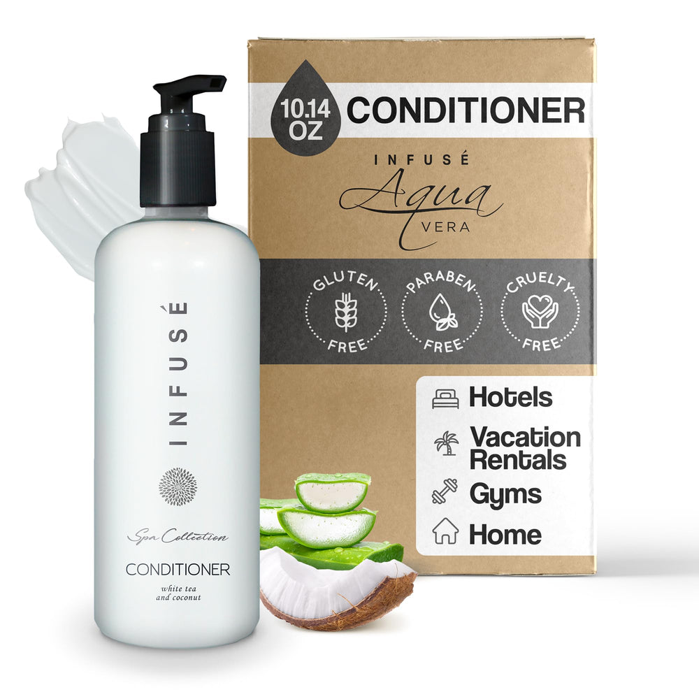 Terra Pure Infuse conditioner bottle showcases compact hotel-size convenience.