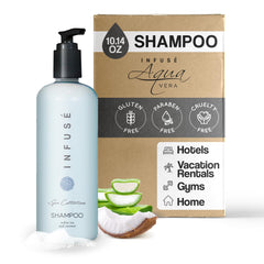 Terra Pure Infuse shampoo bottle in guest bathroom, ideal for vacation rentals