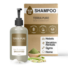 Terra Pure Shampoo spa collection front bottle pump, compact hotel-ready design for guests.