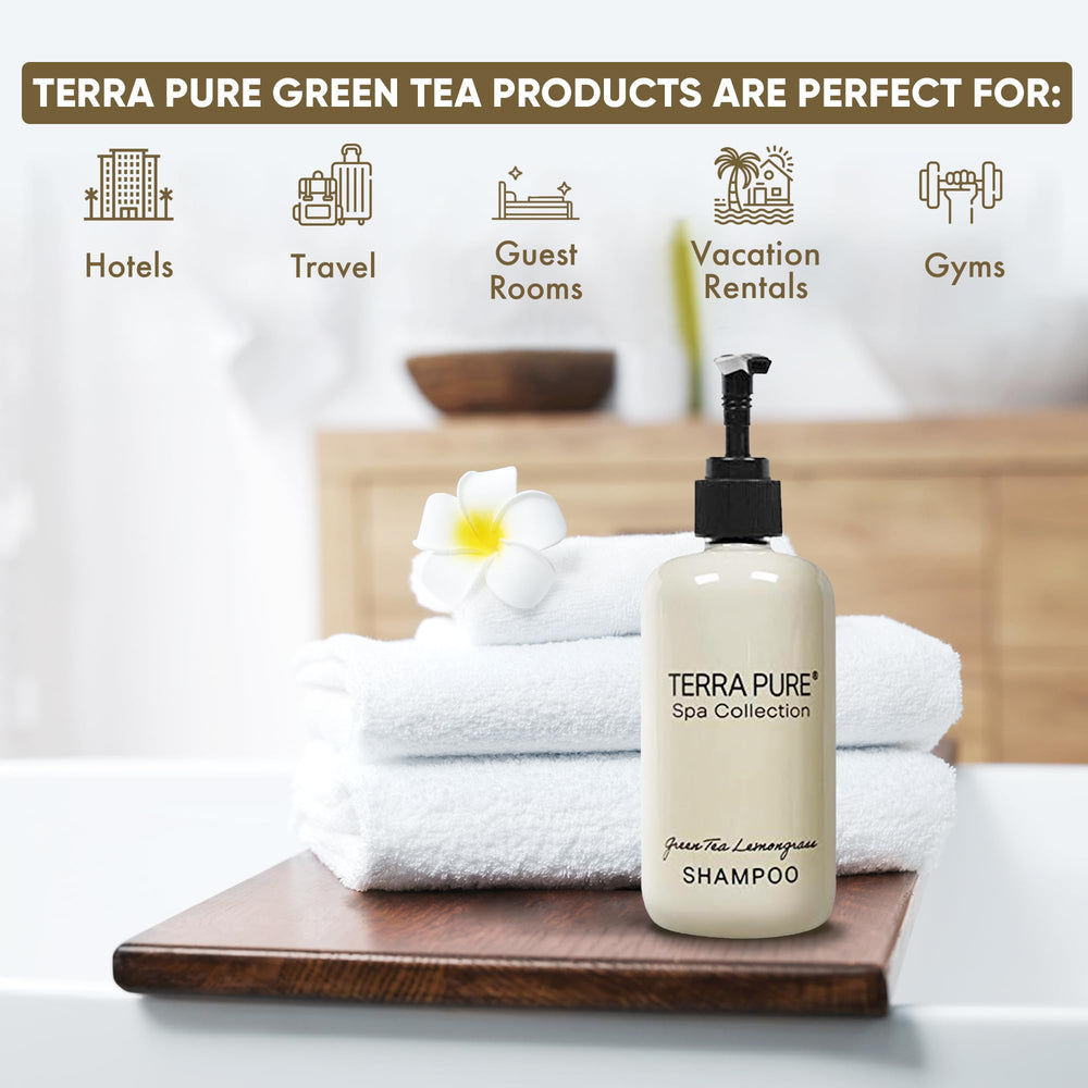 Terra Pure Spa Shampoo pump-dispense close-up highlighting easy control for guests.