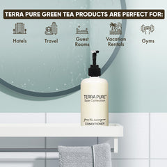 Terra Pure Spa conditioner being poured, showing compact size for efficient bathroom storage