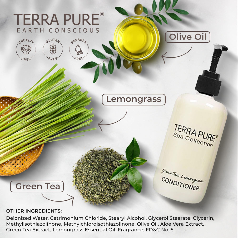 Terra Pure pump bottle on hotel bathroom counter, easy-access guest amenities