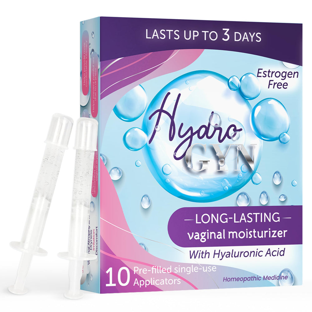Terramed Hydro GYN bottle and applicators illustrate convenient, long-lasting vaginal moisture.