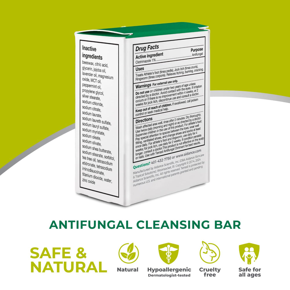 Terrasil Antifungal Soap bar made in the USA signals quality manufacturing.
