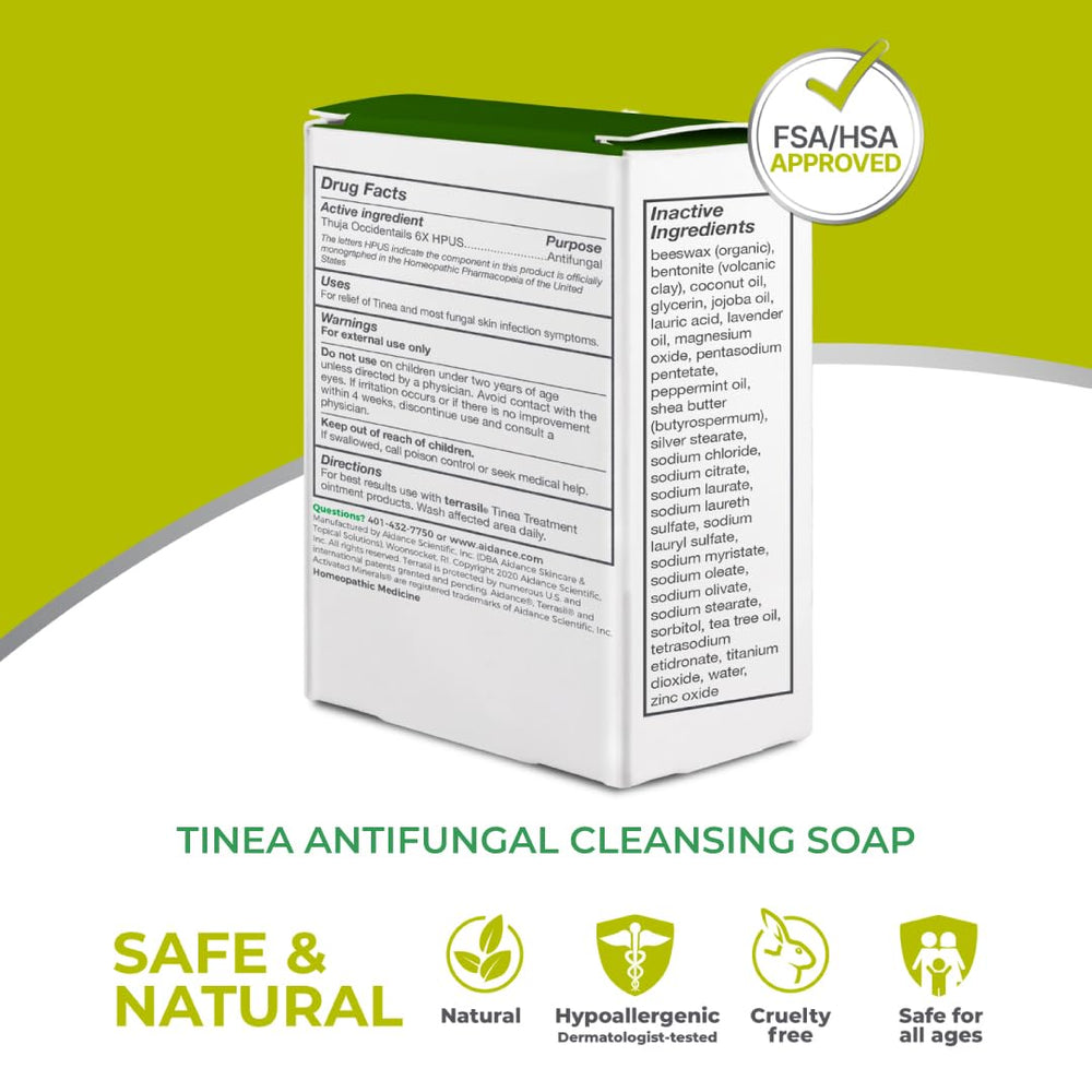 Terrasil Tinea Soap made-in-USA packaging signals high-quality manufacturing standards.