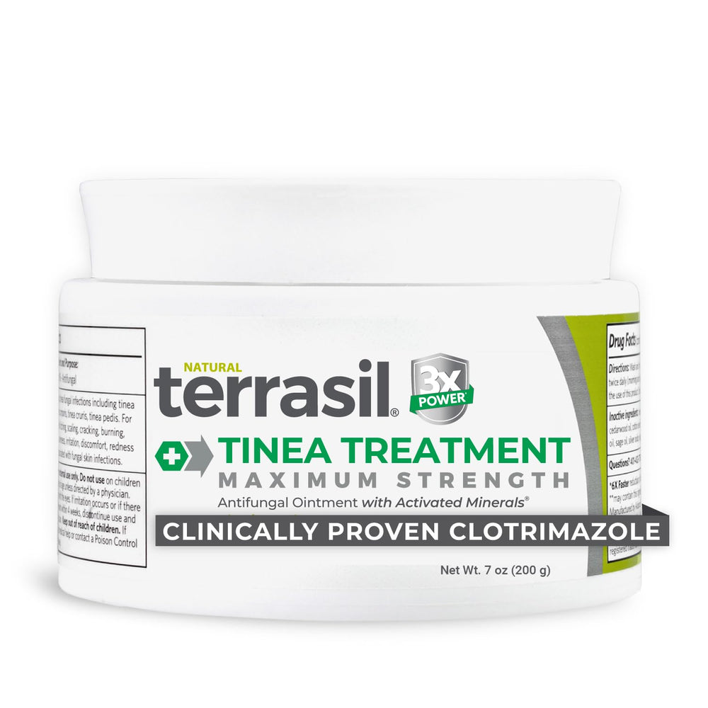 Terrasil Tinea Treatment Cream Max Strength label highlights 1% clotrimazole for fungal infections.