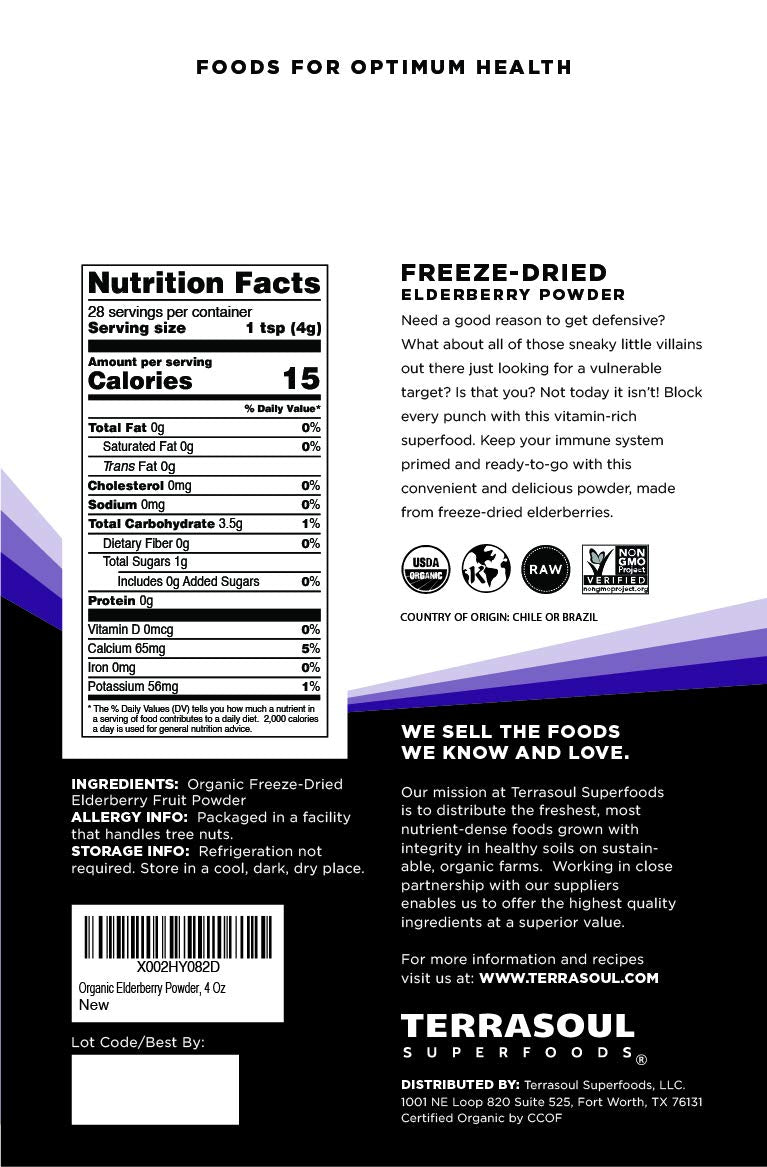 Close-up of freeze-dried elderberry powder in pouch