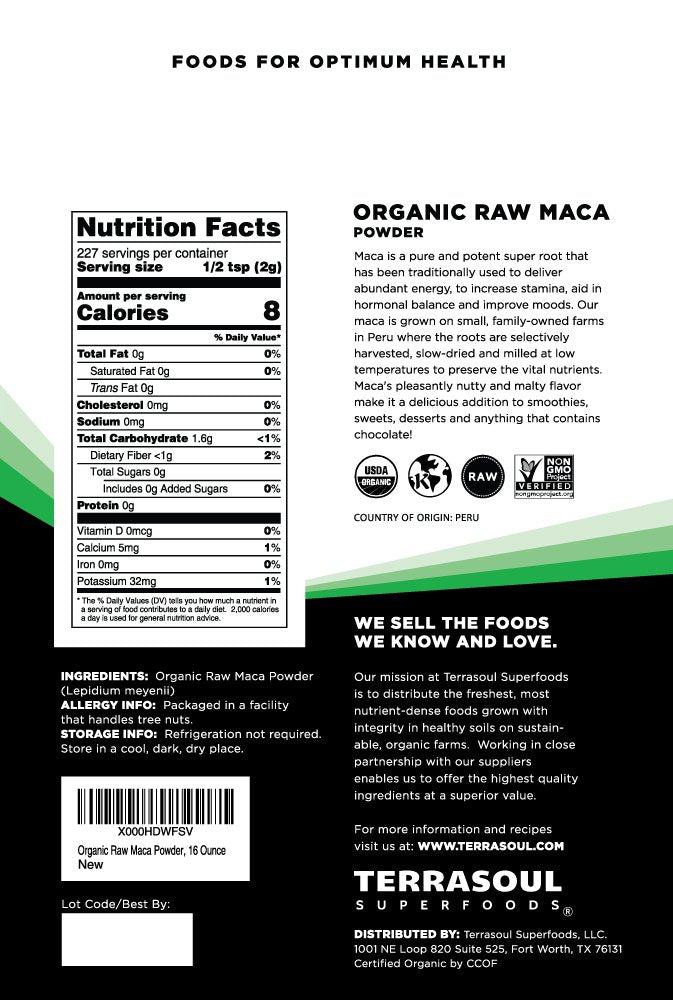 Terrasoul Maca Powder 1 lb back of package