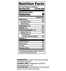 Label showing maca powder ingredients