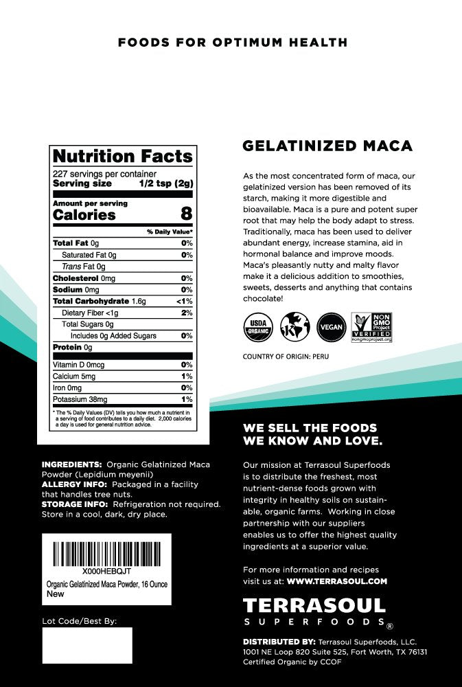 Terrasoul maca powder with scoop beside bag for daily energy routines.