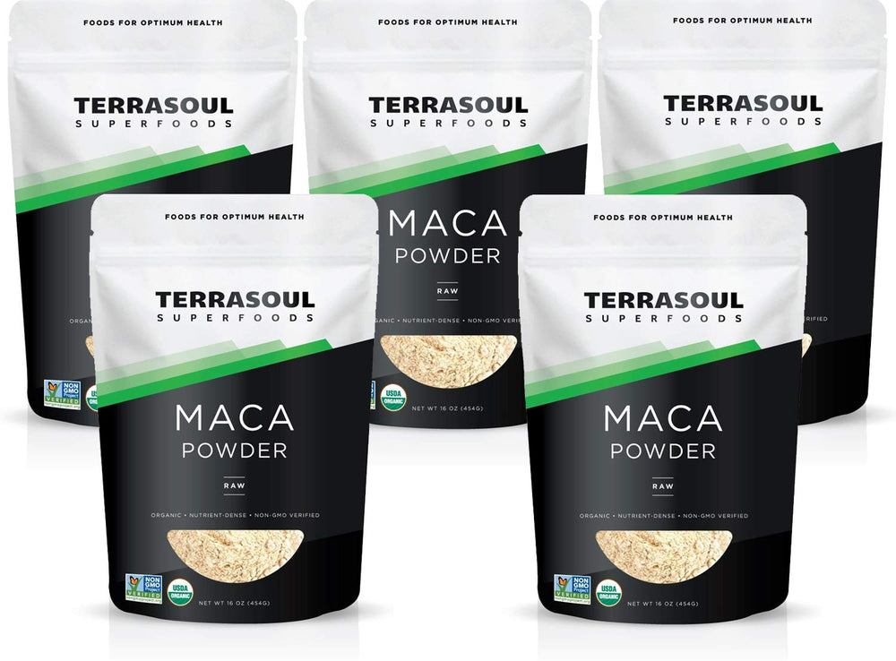 Terrasoul Organic Raw Maca Powder 5 lb pack shown in five 16-ounce pouches