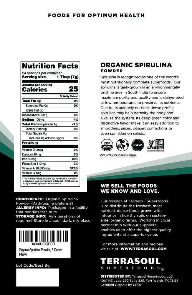 USDA Organic label on Terrasoul Spirulina powder