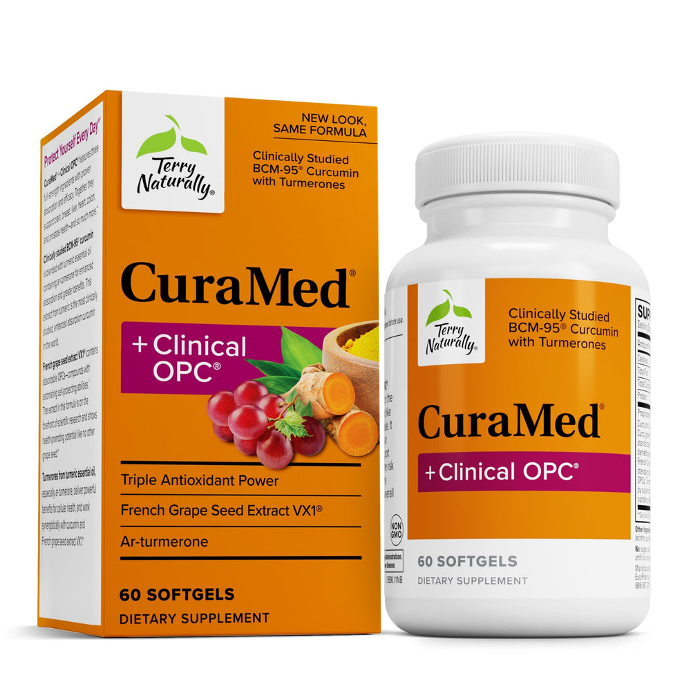 Product front view of Terry Naturally CuraMed + Clinical OPC bottle with 60 softgels.