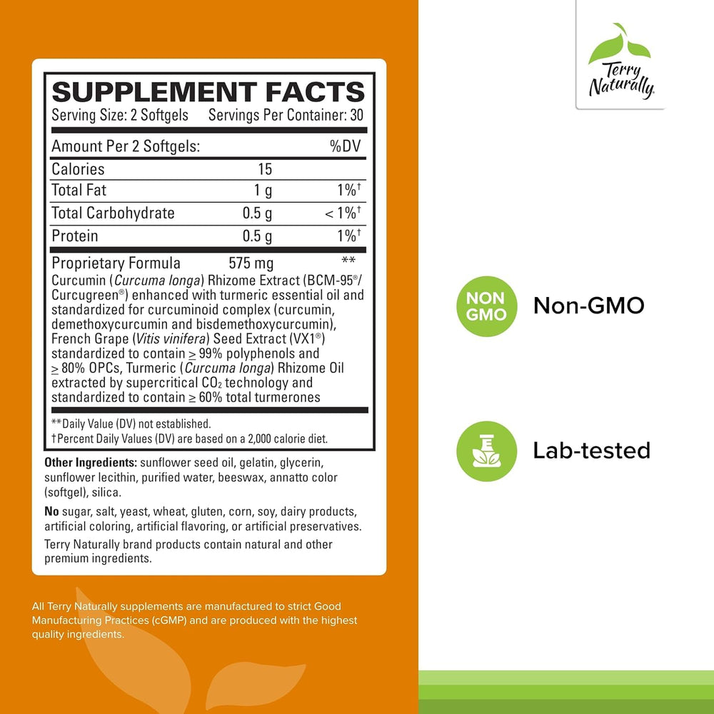 Ingredients panel for CuraMed Clinical OPC with BCM-95 curcumin and VX1 grape seed extract