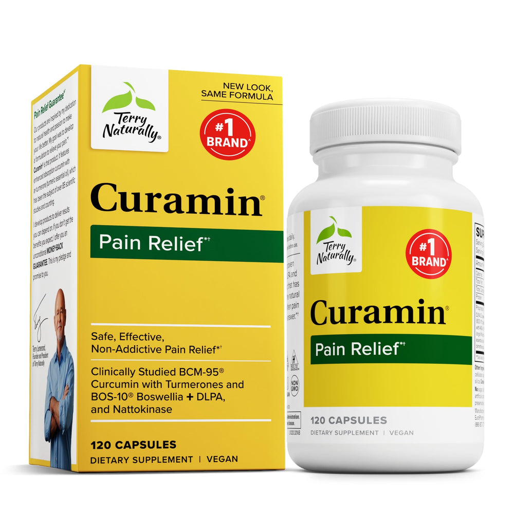 Bottle of Terry Naturally Curamin 120 capsules showing label for circulation and endorphin support