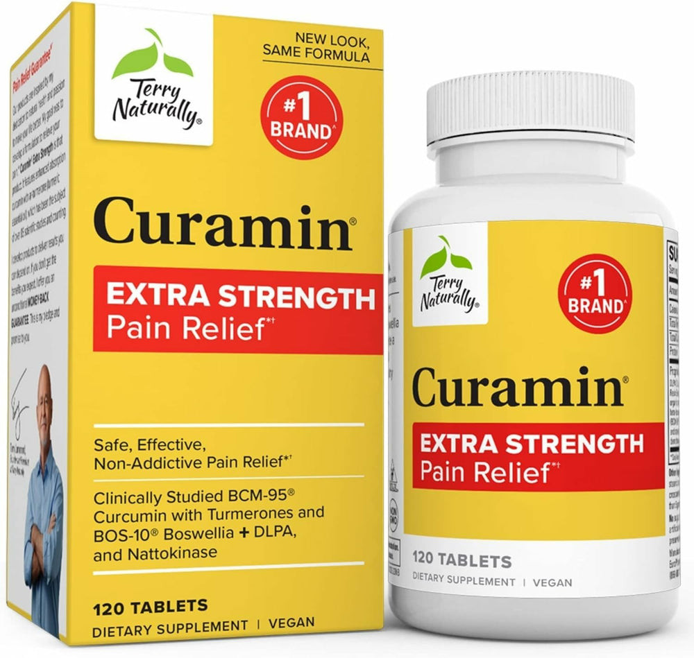 Terry Naturally Curamin Extra Strength bottle front promotes joint comfort and circulation support.