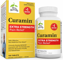 Terry Naturally Curamin Extra Strength bottle front promotes joint comfort and circulation support.
