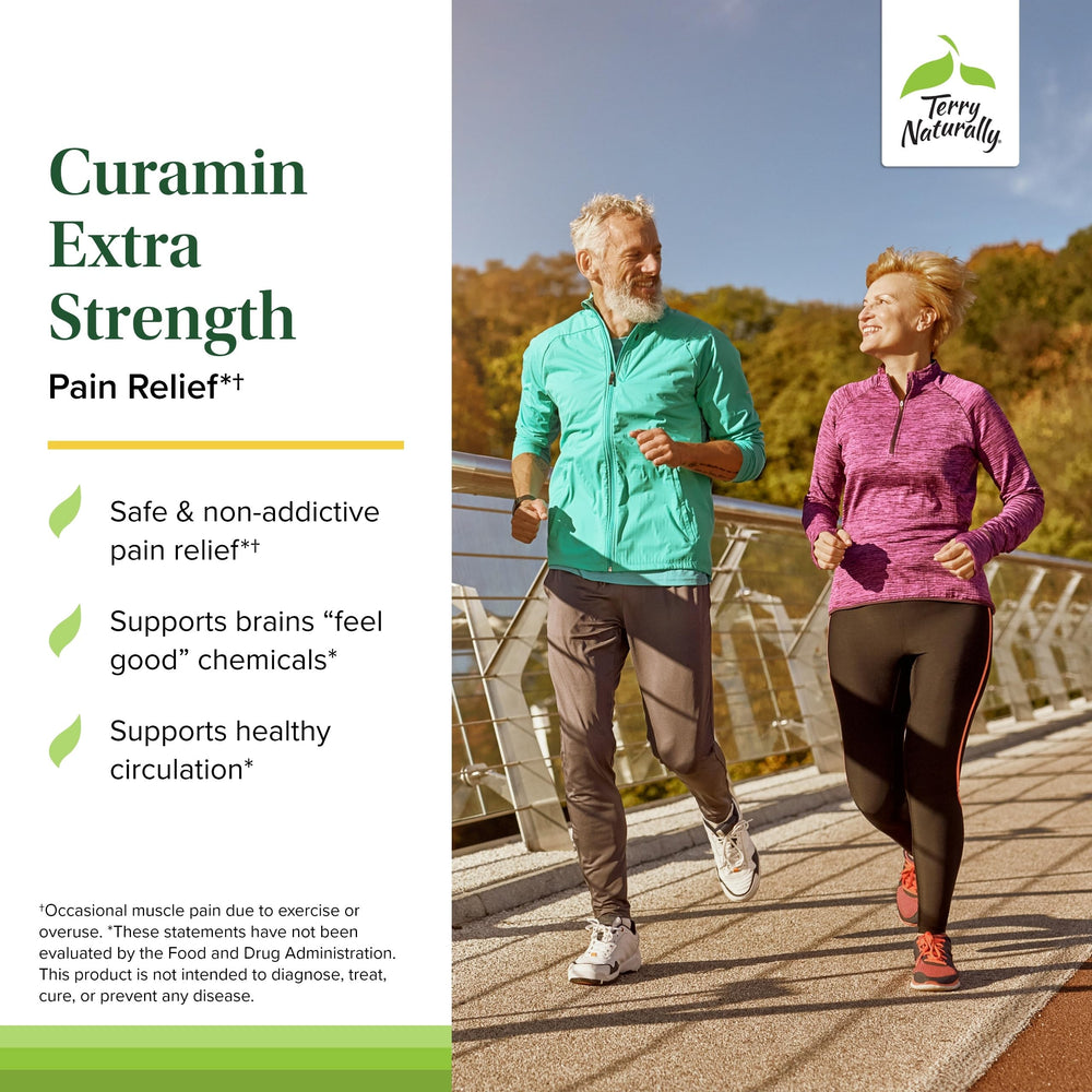 Terry Naturally Curamin Extra Strength curcumin and boswellia ingredients laid out for joint and muscle care.