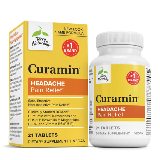 Terry Naturally Curamin Headache bottle and packaging on white background