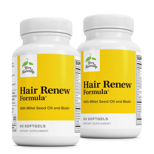 Front view of Terry Naturally Hair Renew Formula 60 softgels 2-pack bottle