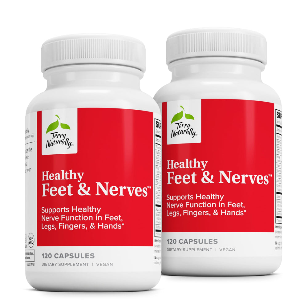 Front view of Terry Naturally Healthy Feet & Nerves vegan capsules bottle
